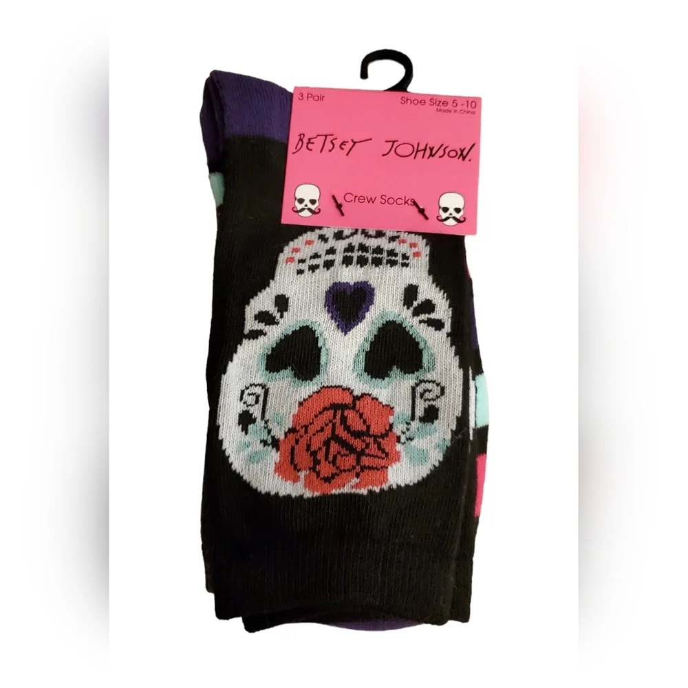 Women's New Betsey Johnson Sugar Skulls Dia De Los Muertos Crew‎ Socks 3 Pairs